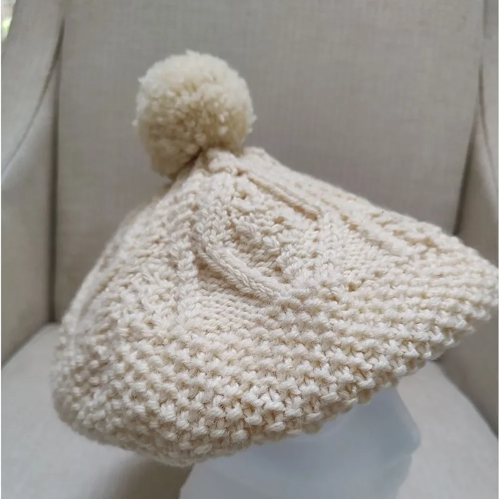 Vintage Hand Knit New Wool Irish Tam Beret Hat with Pom Pom